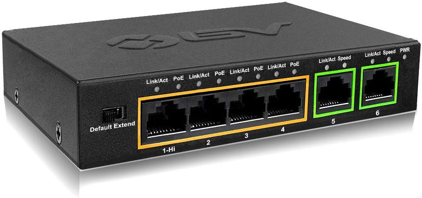 -Tech 6 Port Poe+ Switch (4 Poe+ Ports with 2 Ethernet Uplink and Extend Function) – 60W – 802.3At + 1 High Power Poe Port| Desktop Fanless Design | Plug & Play | Sturdy Metal Housing