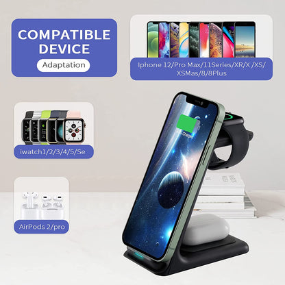 Wireless Charger Station,3 in 1 Fast Wireless Charger for Apple Watch Series Se/7/6/5/4/3/2,Airpods 2/Pro,Compatible with Iphone 13/13 Pro Max/Series 12/11/X/8/8 plus (Black)