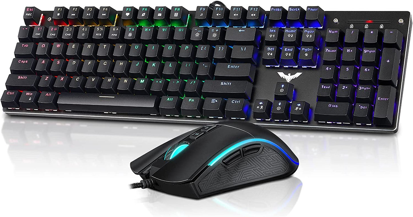 Mechanical Keyboard and Mouse, Wired Gaming Keyboard Blue Switch 104 Keys Rainbow Backlit Keyboard and 7 Button Wired Mouse 4800 DPI for PC Computer Gamer (Black)