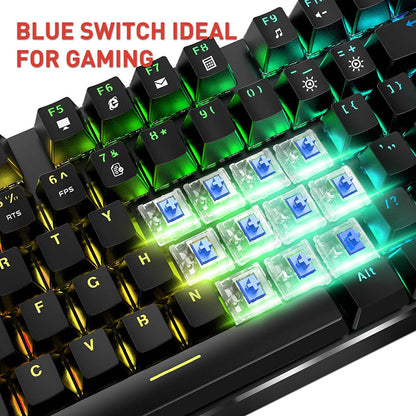 Mechanical Keyboard and Mouse, Wired Gaming Keyboard Blue Switch 104 Keys Rainbow Backlit Keyboard and 7 Button Wired Mouse 4800 DPI for PC Computer Gamer (Black)